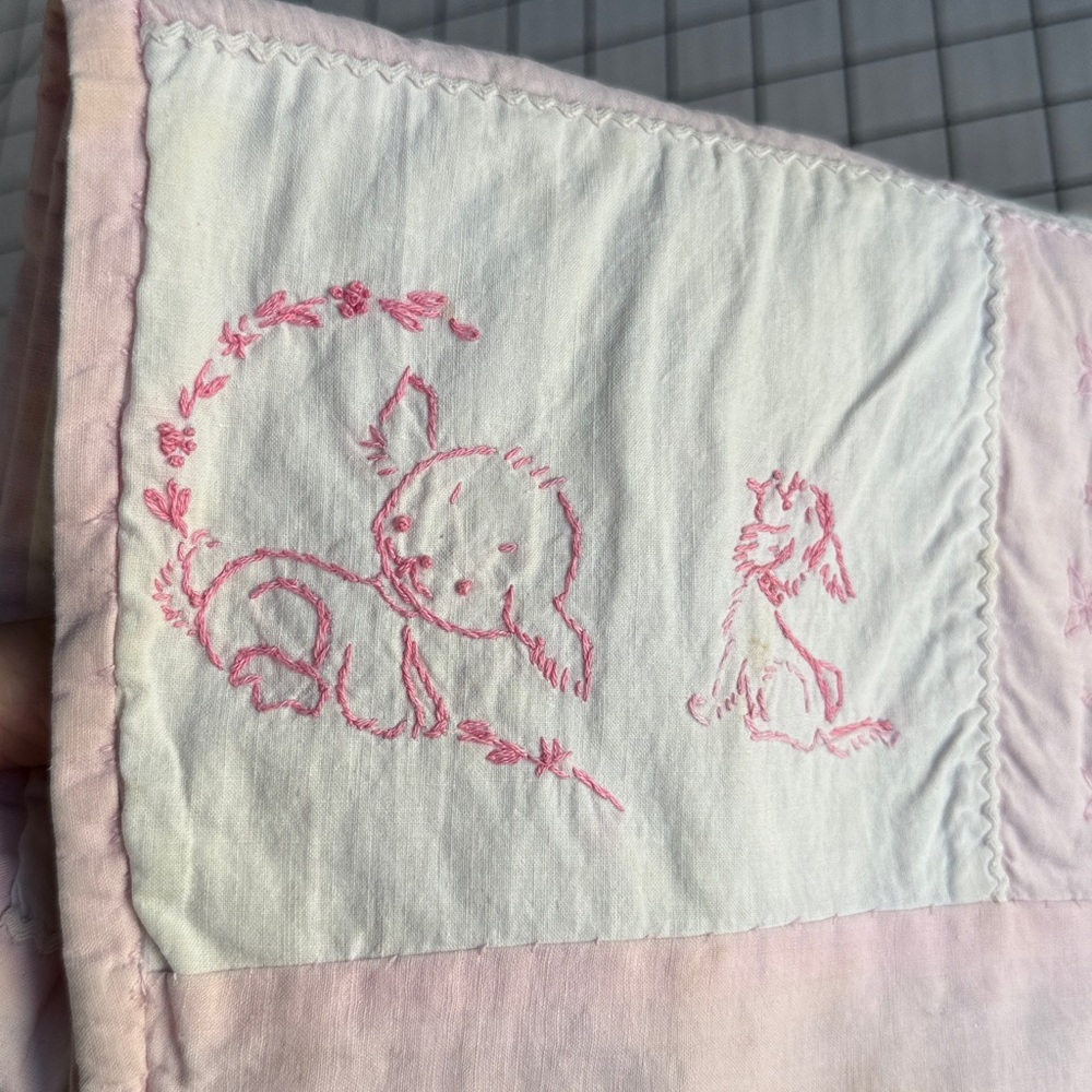Vintage Pink Nursery Embroidered Quilt Baby Animals Patchwork Panel 29 x 21